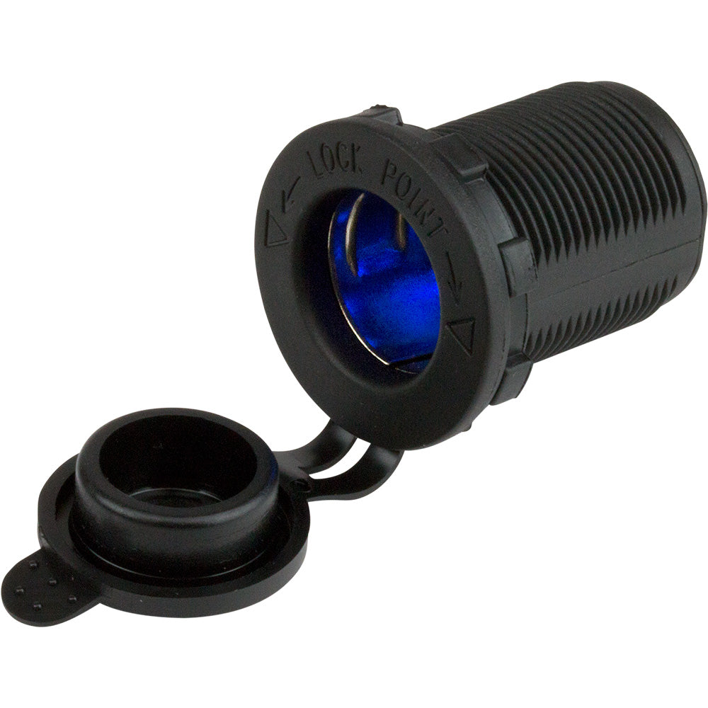 A blue electrical socket with black threading for marine electrical accessories.