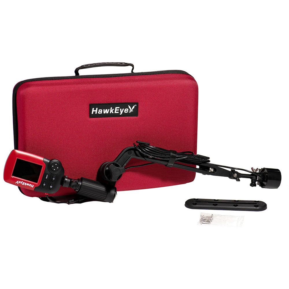 This is a red HawkEye carrying case with a fishfinder at the end of a black extension arm.
