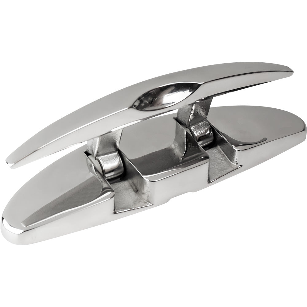 A fold up silver boating cleat for docking. 