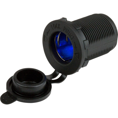 A blue electrical socket with black threading for marine electrical accessories. 