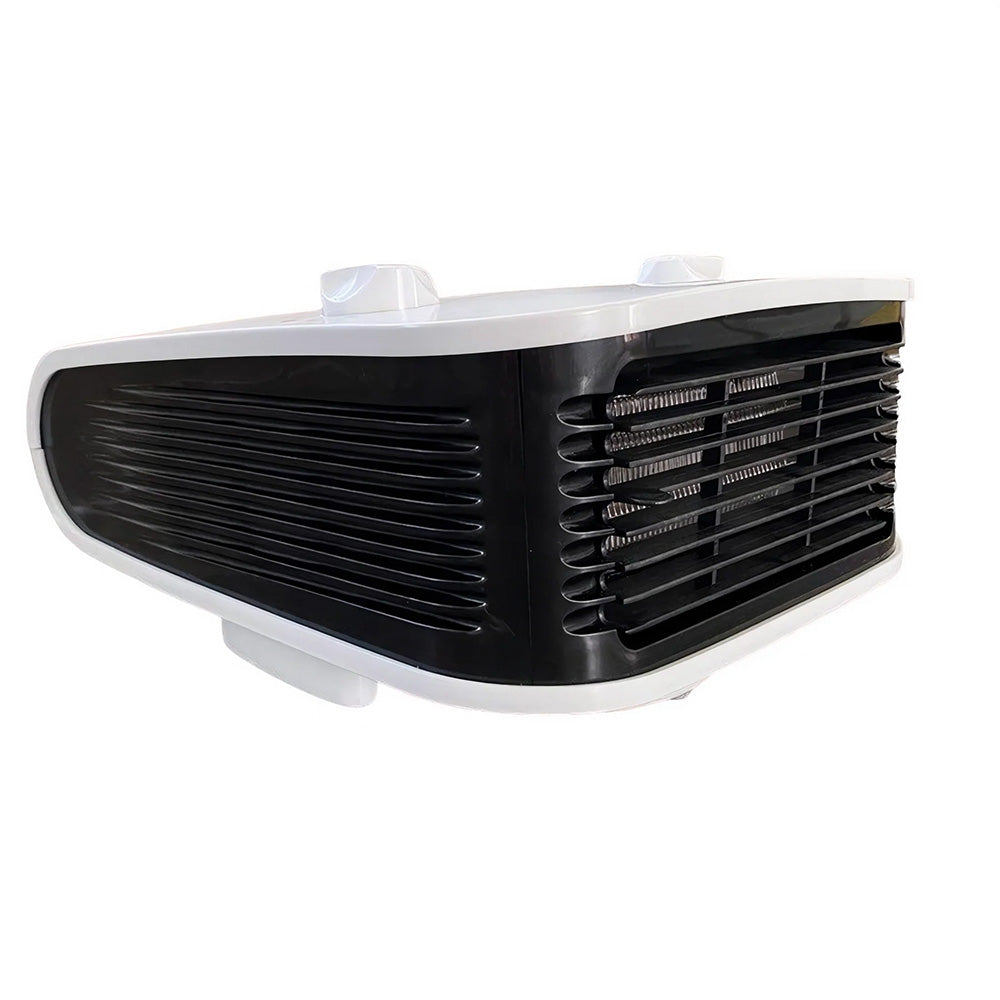 An Xtreme Heater brand heater for boats and RVs. This is a compact unit with black grates and a white shell. 
