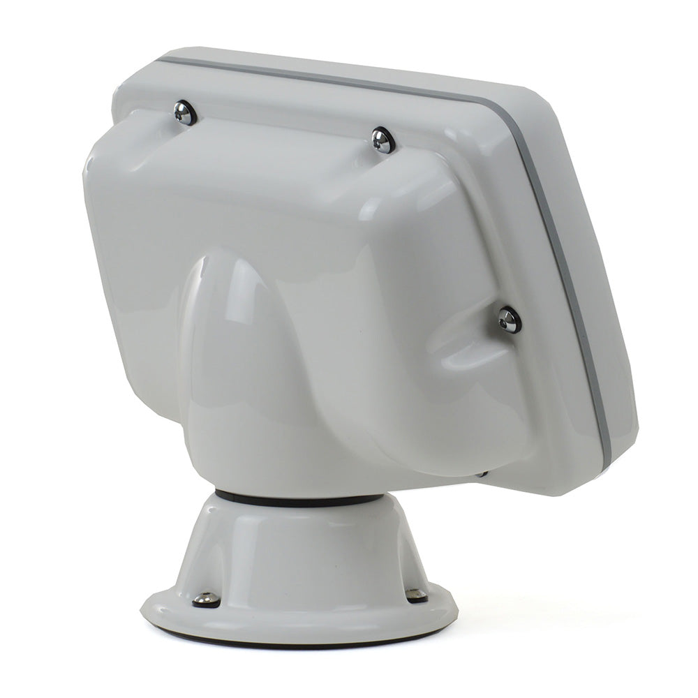 A white display mount for boating with a waterproof casing.