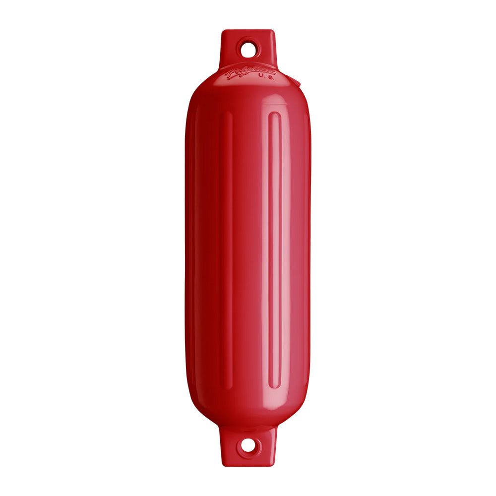A red Polyform fender for boat hull protection.