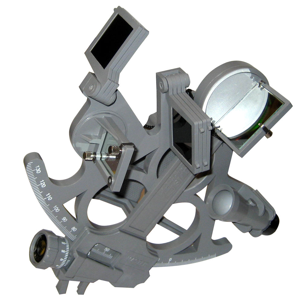 A grey sextant used for marine navigation.