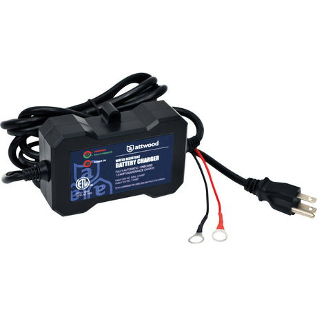 A small, handheld black battery with a standard wall plug and blue logo that says Attwood. 