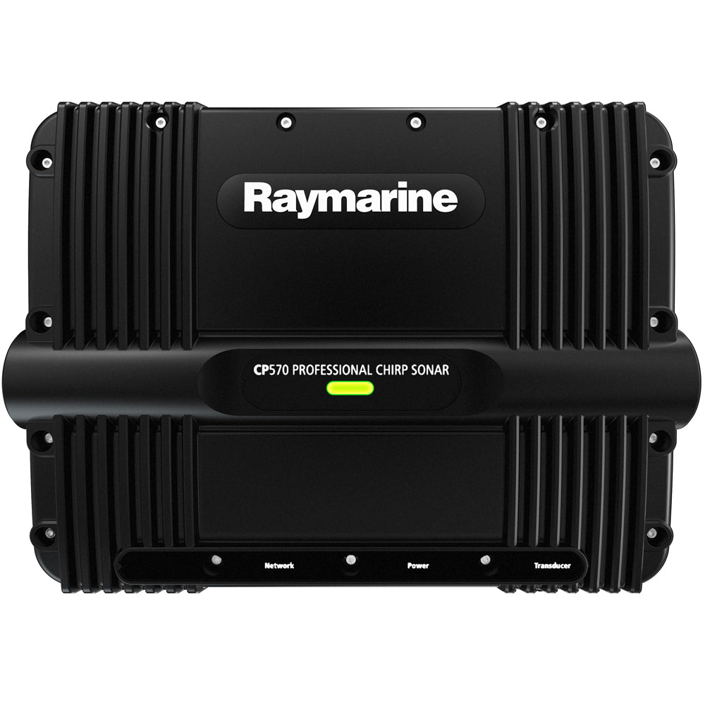 Black Raymarine Sonar Chirp Module for marine navigation with a handle for holding and a powerbar. 