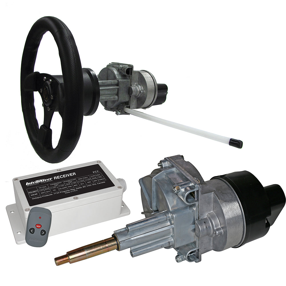 This is a complete boat steering system, which includes a black steering wheel with a white connection as well as a separate steering shaft kit. 