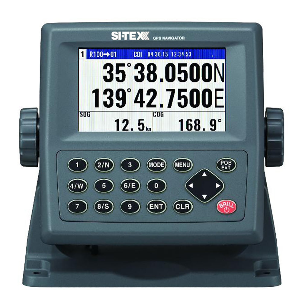 A blue-grey Si-tex Trackplotter with 10 buttons and a multicolor display.