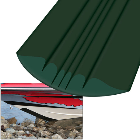 A green keel guard protection is on the keel of a boat to protect the bottom of the boat from rocks. 