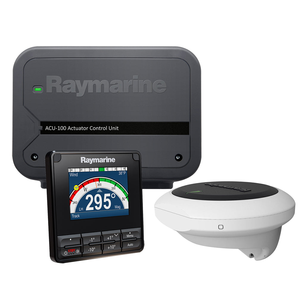 A gray box with the brand Raymarine printed on it as well as a display with the navigational direction for the autopilot. 