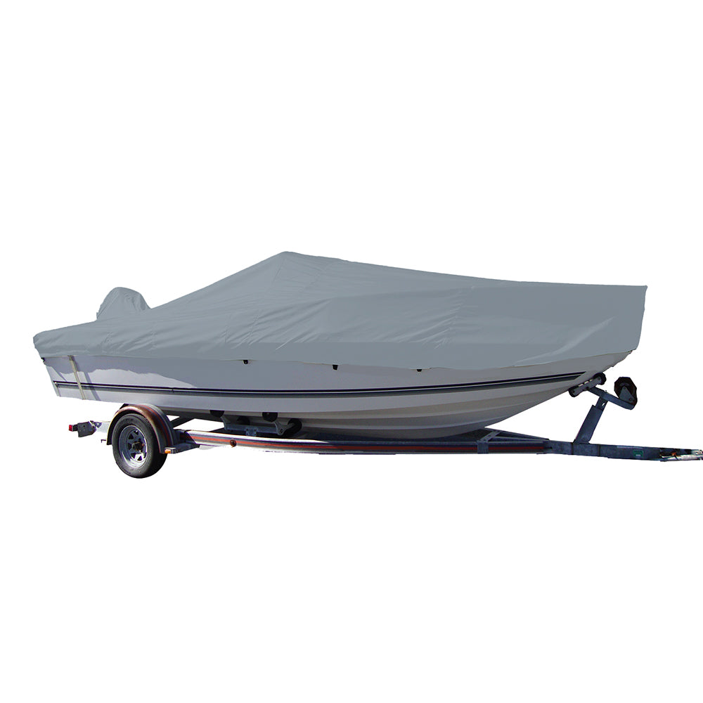 A boat with a white hull on a trailer with a winter cover protecting the boat interior from rain and UV. 