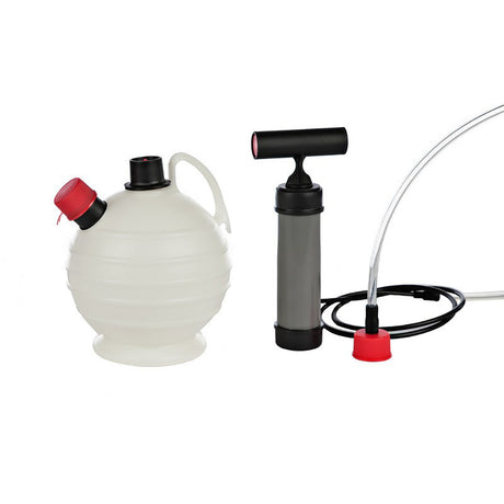 Oil change and flushing kit with a pump, reservoir, and nozzle for a boat. 