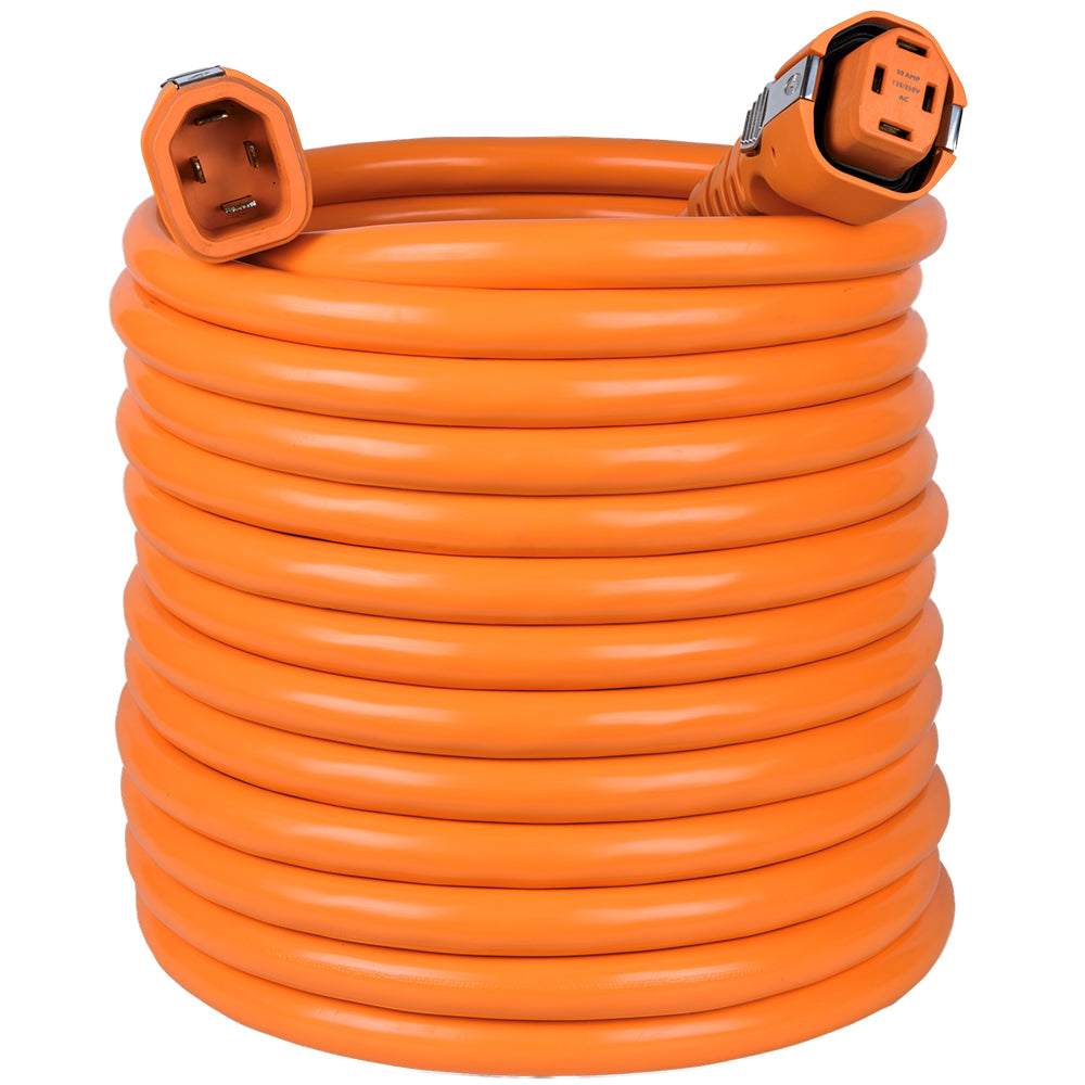 An orange cord with weatherproof heavy-duty plugs for shore power. 