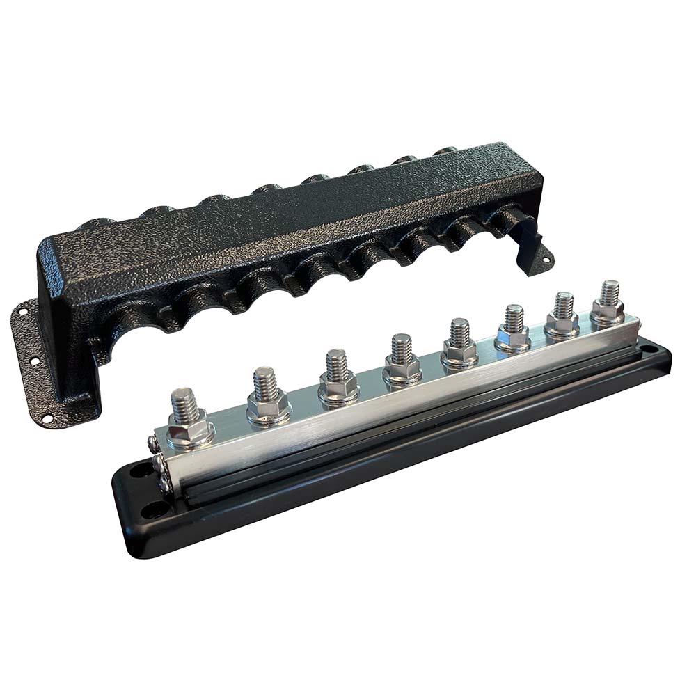 A victron multi-cable busbar for 600 amps with 8 screws for multiple wires. 