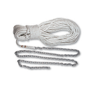 A white rope linking to a chain for boat anchors and docks.