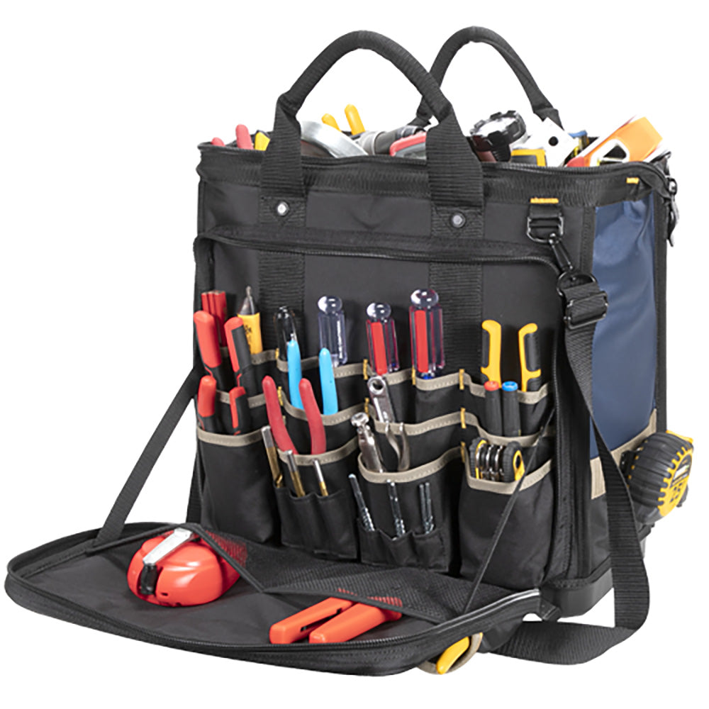 A black and blue tool bag with various colored tools for electrical applications.