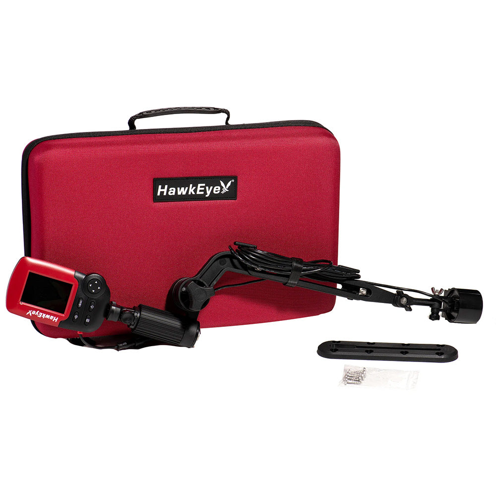This is a red HawkEye carrying case with a fishfinder at the end of a black extension arm. 