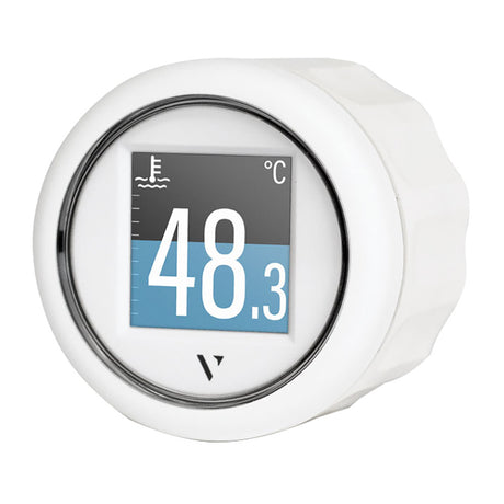 This is a white marine gauge with a black and blue display. The display is showing both the water depth and water temperature. 