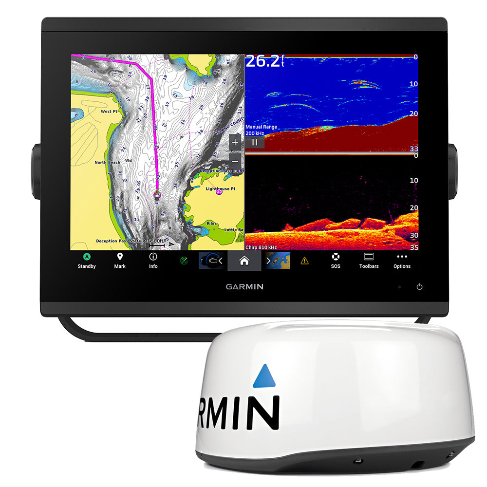 Garmin GPS Fishfinder combo with a white radar cap and large black, touchsreen display. 