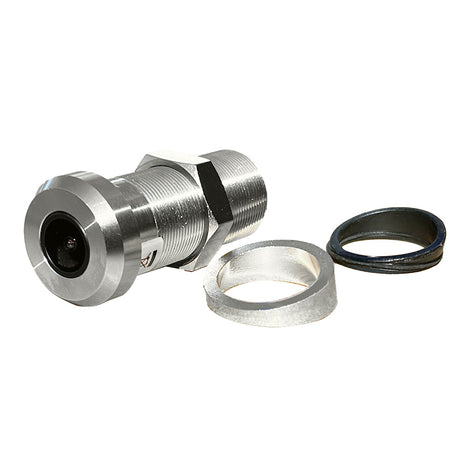This is a silver flush mount hull camera for underwater use. 