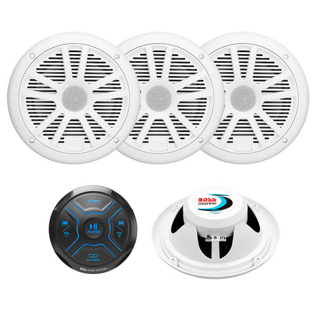 BOSS AUDIO FOUR WHITE WATERPROOF SPEAKERS FOR BOAT AUDIO WITH A FIVE BUTTON BLACK CONTROLLER