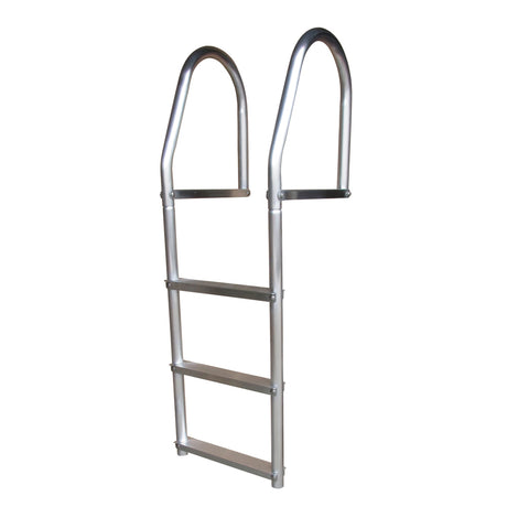 Silver ladder for the edge of a dock with three rungs. 