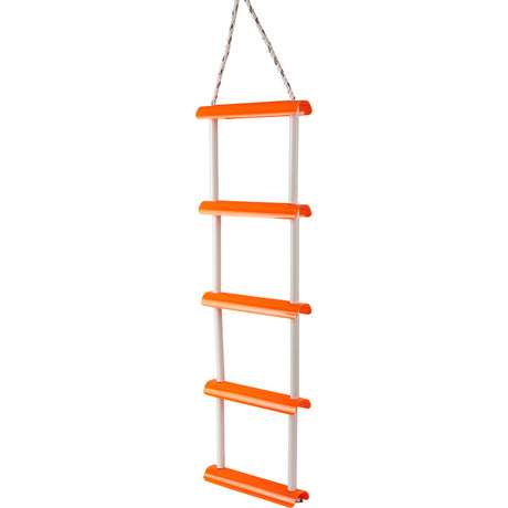 This is an orange ladder with five rungs and it is made out of plastic. 